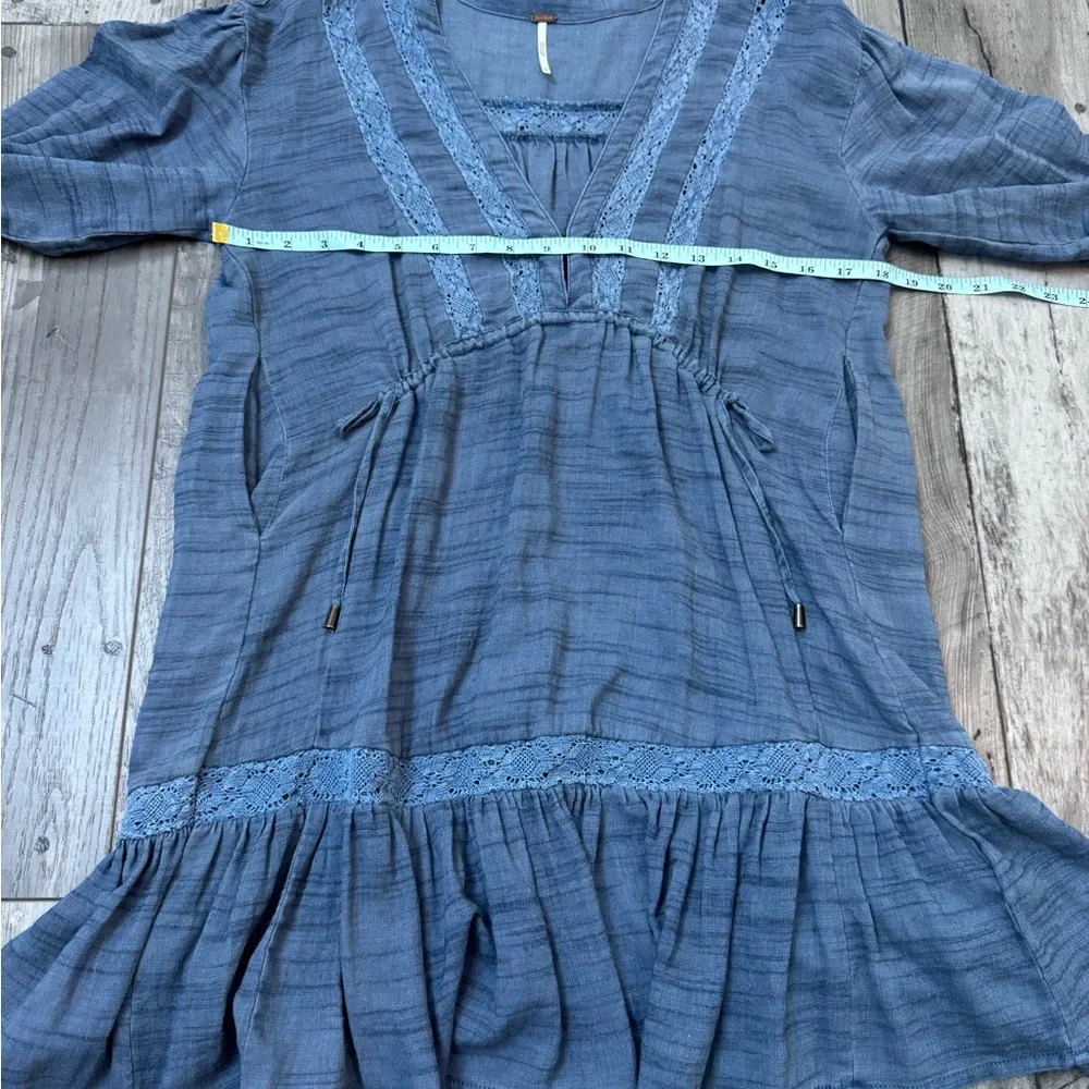 Free People Sky Wash Blue Swing Dress Lace Hippie Boho XS Bubble Sleeve